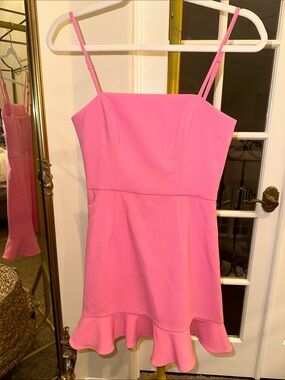 French Connection Hot Pink Spaghetti-Strap Ruffle-Hem Mini Dress